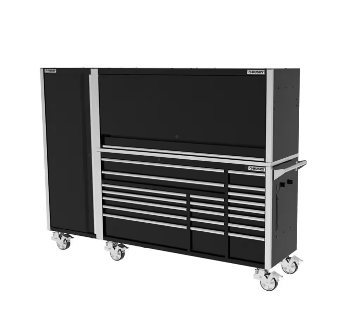 72 In. W X 24.5 In. D Professional Duty 20-Drawer Mobile Workbench Combo W/ Side Locker and Top Hutch in Gloss Black - Image 2