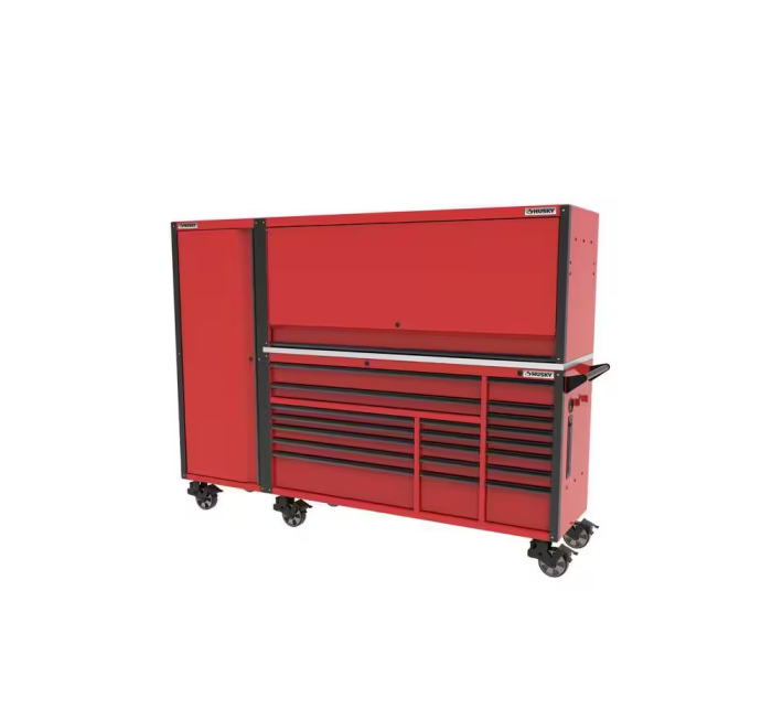 72 In. W X 24.5 In. D Professional Duty 20-Drawer Mobile Workbench Combo with Side Locker and Top Hutch in Gloss Red