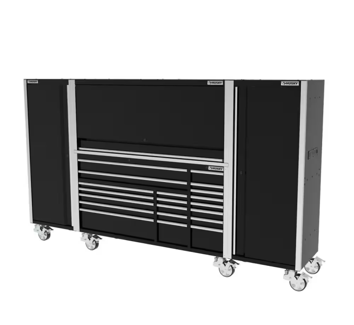 72 In. W X 245 In. D Professional Duty 20-Drawer Mobile Workbench with 2 Side Lockers and Top Hutch in Gloss Black